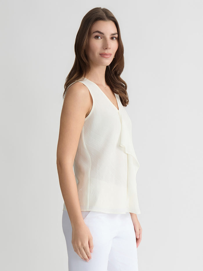Ruffle Neck Blouse, Satin Stripe, Vanilla Ice | Kasper