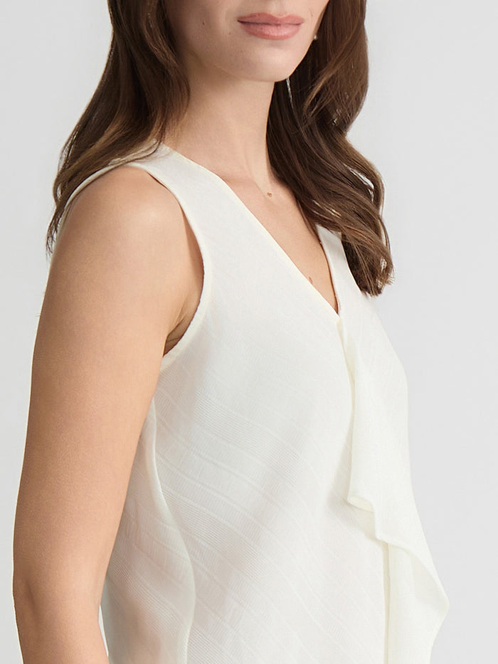 Ruffle Neck Blouse, Satin Stripe, Vanilla Ice | Kasper
