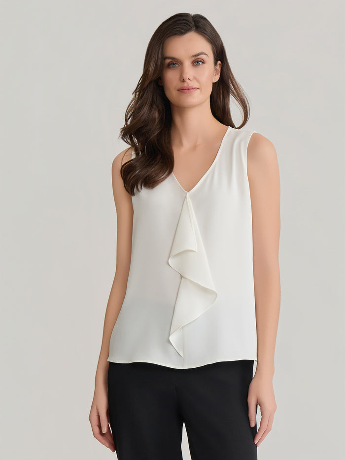 Ruffle Front Sleeveless Blouse- Vanilla Ice, Vanilla Ice | Kasper