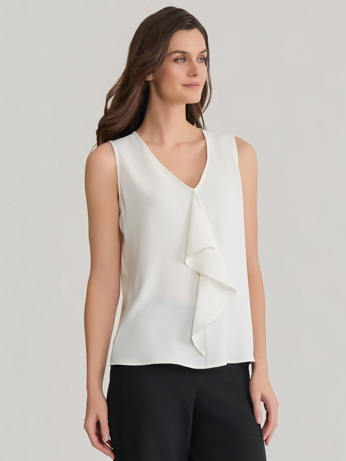 Ruffle Front Sleeveless Blouse- Vanilla Ice, Vanilla Ice | Kasper