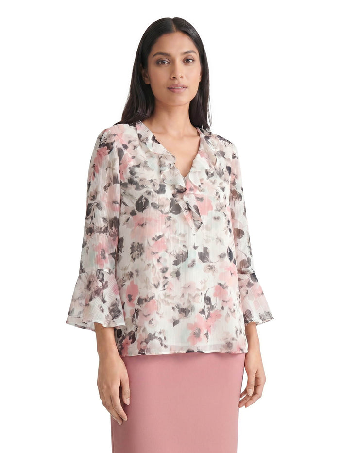 Plus Ruffle Neck Flounce Sleeve Blouse, Vanilla Ice floral Multi | Kasper