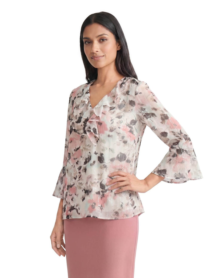 Plus Ruffle Neck Flounce Sleeve Blouse, Vanilla Ice floral Multi | Kasper