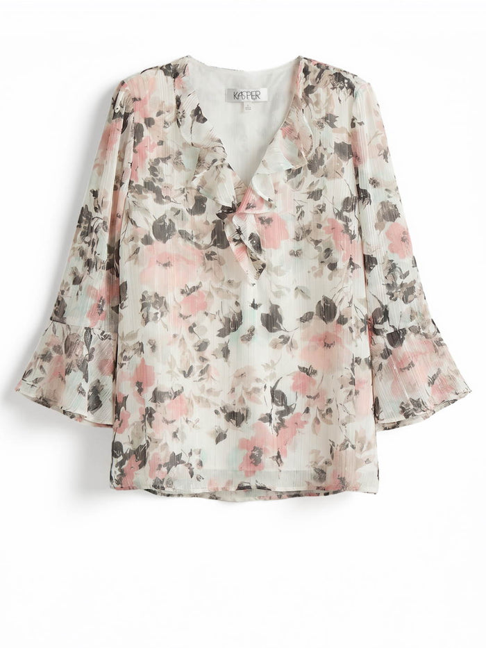 Plus Ruffle Neck Flounce Sleeve Blouse, Vanilla Ice floral Multi | Kasper