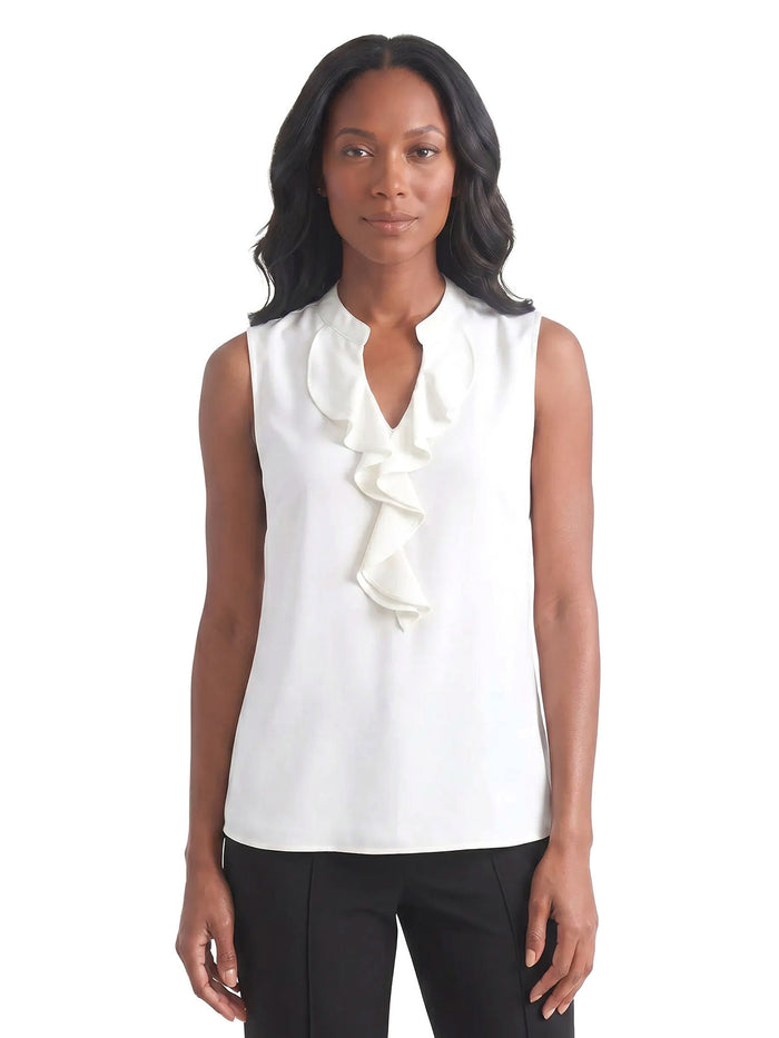Ruffle Neck Sleeveless Blouse, Vanilla Ice | Kasper