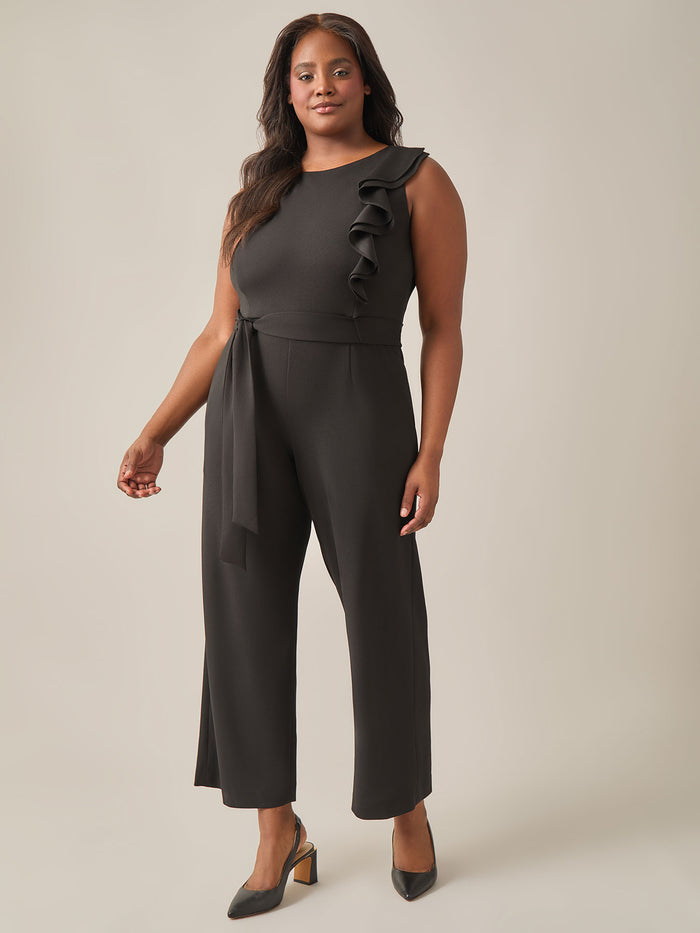 Ruffle Shoulder Jumpsuit, Black, Black | Kasper