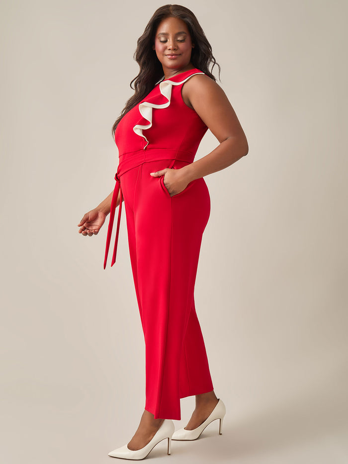 Ruffle Shoulder Jumpsuit, Crimson, Crimson/Cream | Kasper