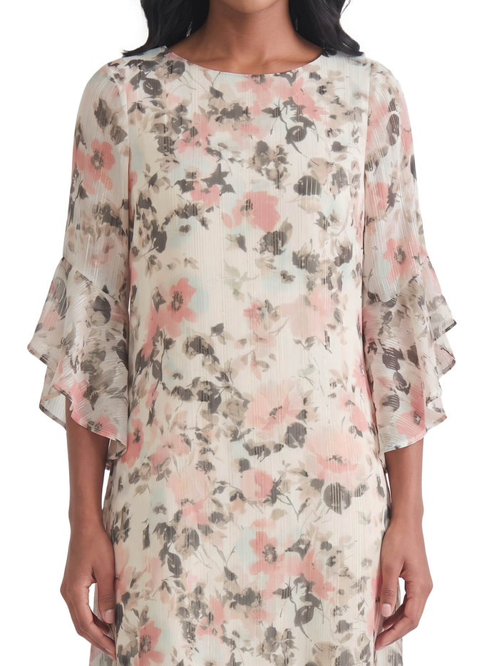 Ruffle Sleeve Swing Dress, Vanilla Ice floral Multi | Kasper