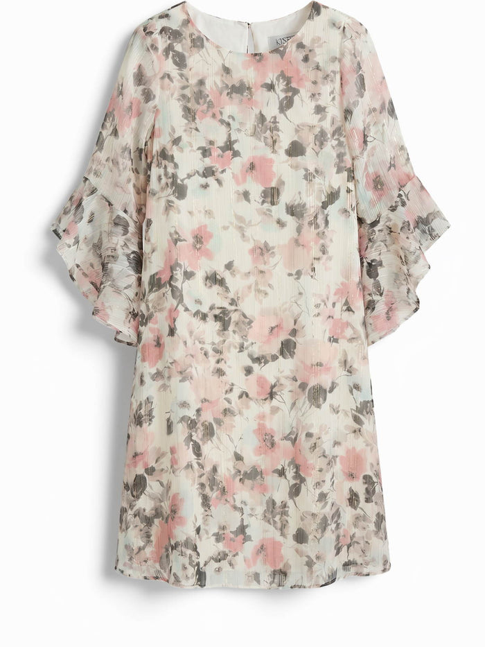 Ruffle Sleeve Swing Dress, Vanilla Ice floral Multi | Kasper