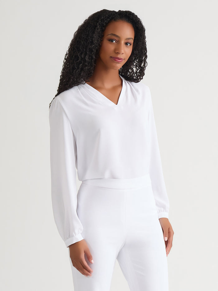 Ruffle Sleeve V-Neck Blouse, White, White | Kasper
