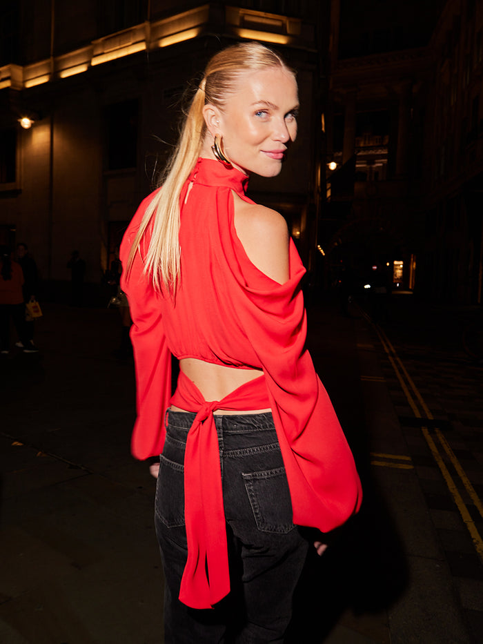 Carolina is 5'10" & Wears Size UK 8|Selena Cold Shoulder Top - Scarlet Red