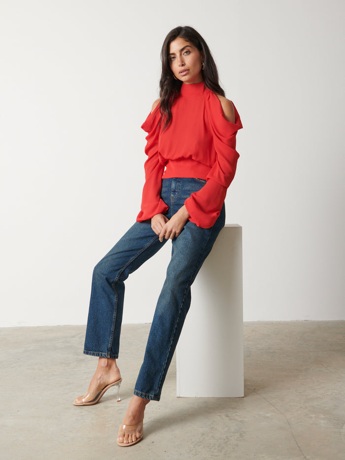 Lygia Is 5'9" & Wears Size UK 8|Selena Cold Shoulder Top - Scarlet Red