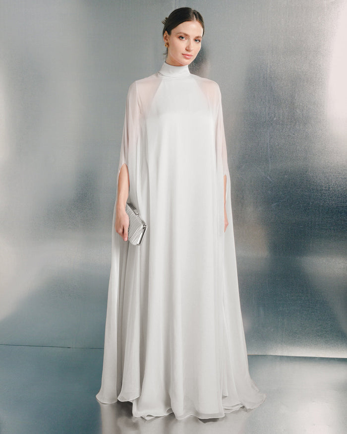 sheer cape maxi gown with high neckline – BLUSH