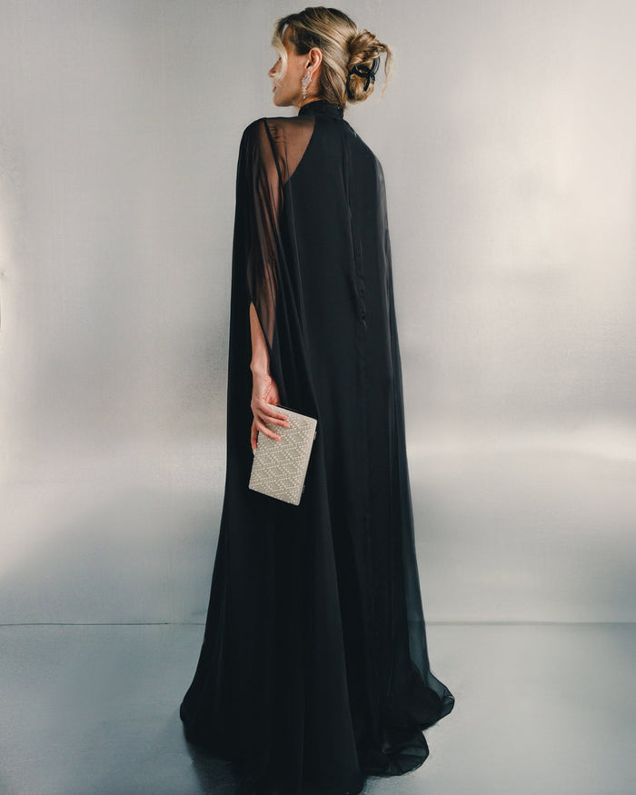 sheer cape maxi gown with high neckline – BLUSH