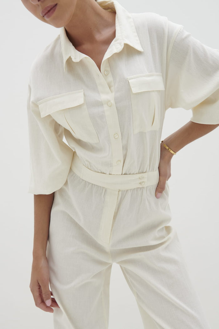 Elissa Is 5'8.5" & Wears Size UK 8|Shona Collared Jumpsuit - Stone