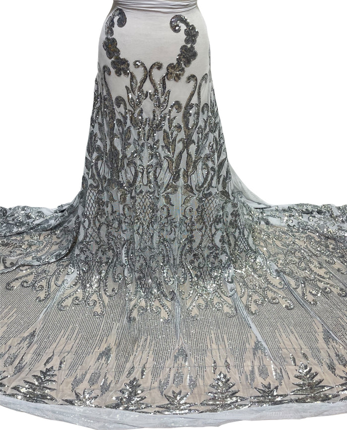 Silver Sequin Lace Fabric on White Mesh