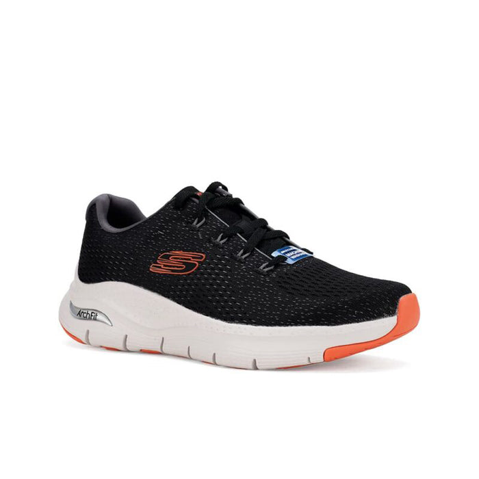 Black mesh men's Skechers Arch Fit sneakers with white midsole and orange trim