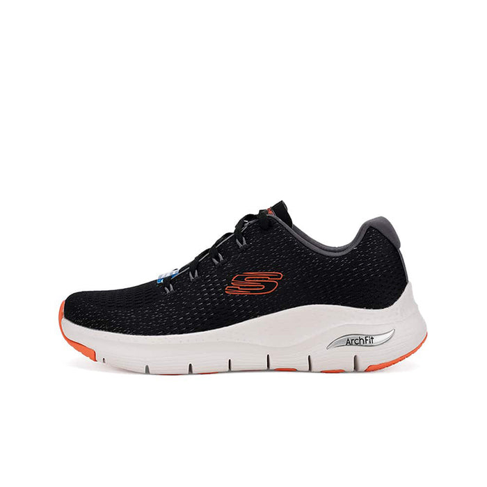 Black mesh men's sneakers with white sole, orange outsole edge, and Arch Fit logo