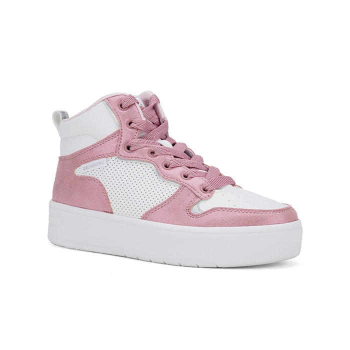 Girl's high-top fashion boots, white and pink with lace-up and cushioned collar