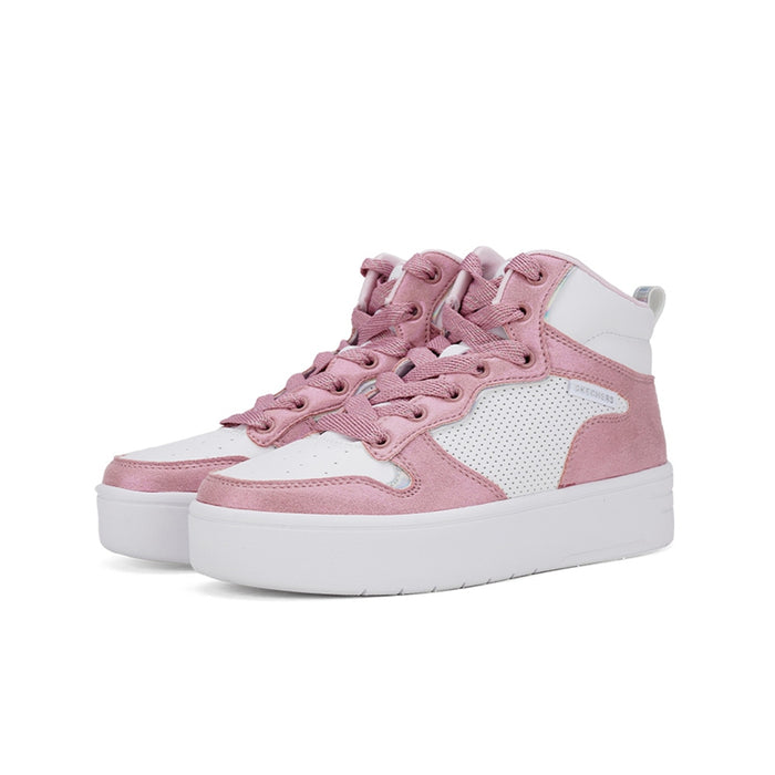 Girl's high-top boots in white and pink with lace-up front and thick sole
