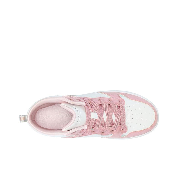 Girl's high-top boots, white and pink, top view with laces and padded tongue
