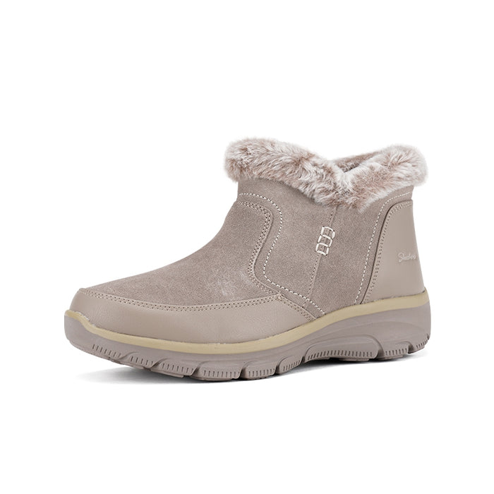 Women’s taupe ankle boot with faux fur trim and side gusset detail