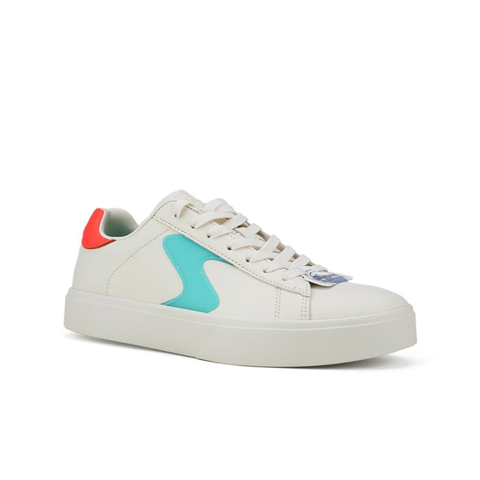 Girls' casual sneakers, white with teal side panel and red heel accent, lace-up.