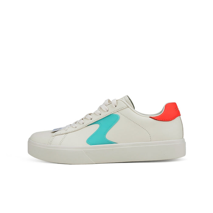 Girls' casual sneakers, off-white with teal side detail and red heel tab, lace-up.