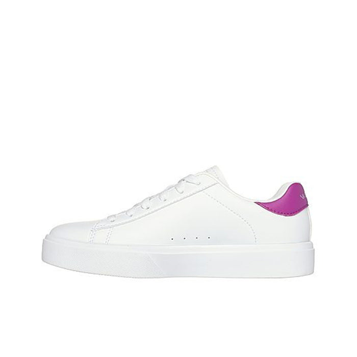 Girls' casual sneakers, white with purple heel panel and stitched detail, lace-up.