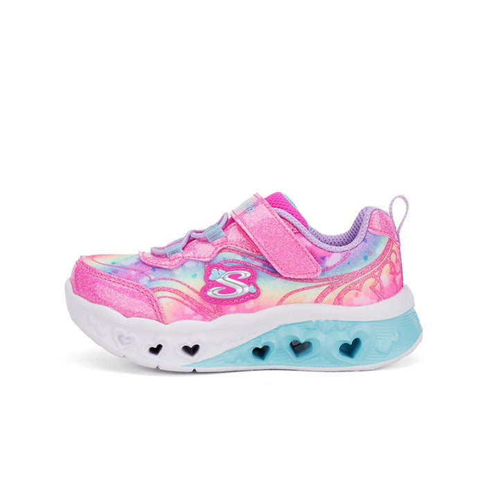 Girls pink sneakers with heart accents, hook-and-loop strap, chunky heart-pattern sole
