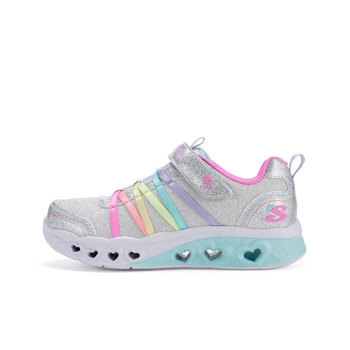 Girls' multicolor glitter sneakers with pink accents, rainbow laces, and blue sole