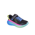 Kids slip-on sneakers with black knit upper, blue laces, pink and blue sole