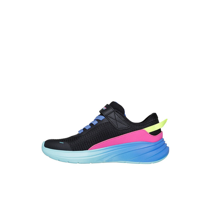Kids slip-on sneakers with black upper, pink side stripe, blue laces, light blue sole
