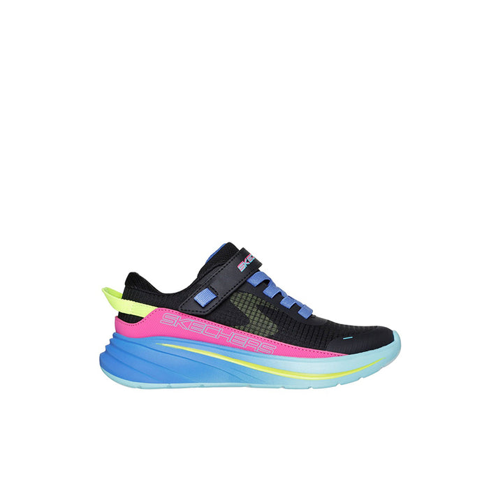 Kids slip-on sneakers with black upper, neon green heel, pink side stripe, blue sole