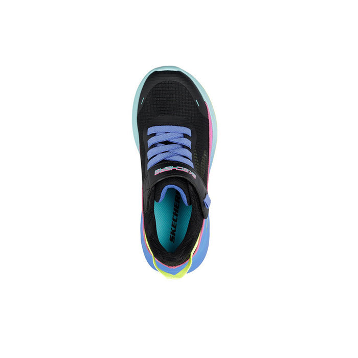 Kids slip-on sneakers with black interior and light blue outsole, blue-pink trim