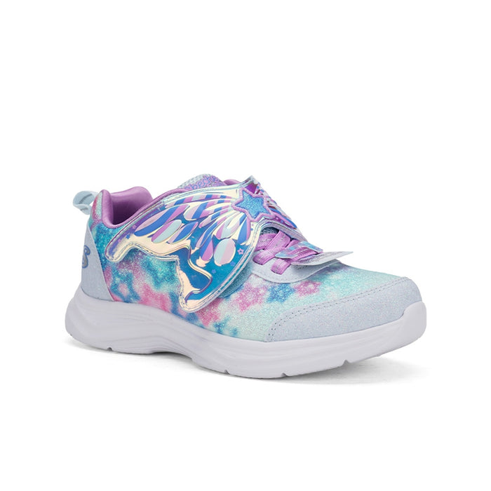 Girls' Skechers Glimmer Kicks sneakers, light blue tie-dye with purple accents