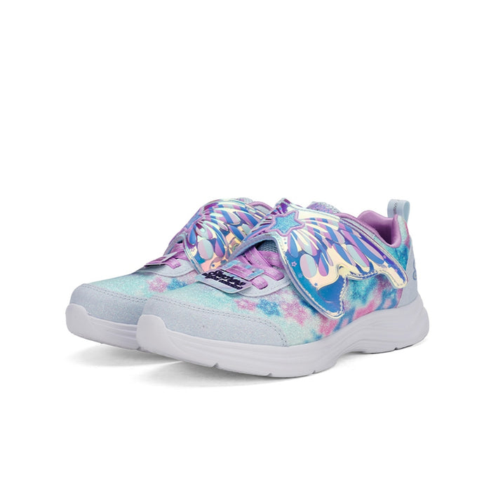 Girls' Skechers sneakers front angle, light blue tie-dye with glittery star patch and laces