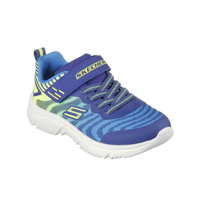 Boys running sneaker, blue mesh upper with neon trim, hook-and-loop strap, white sole