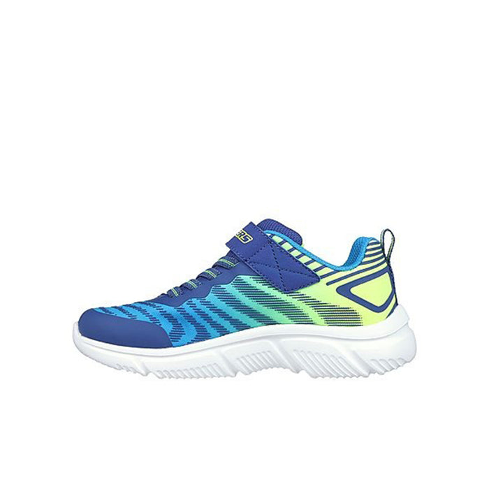 Boys running sneaker, blue and green mesh upper with lime accents, strap, white tread sole