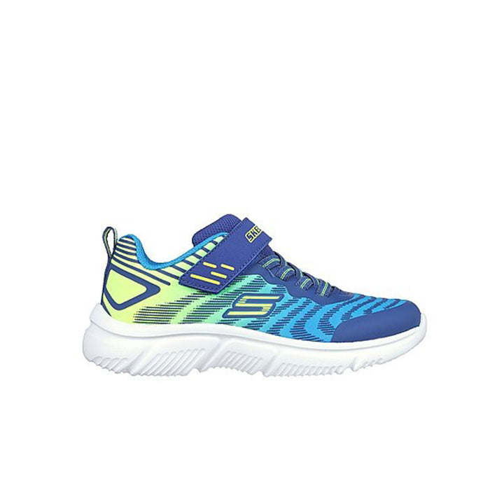 Boys running sneaker, blue mesh upper with neon green and yellow details, cushioned sole