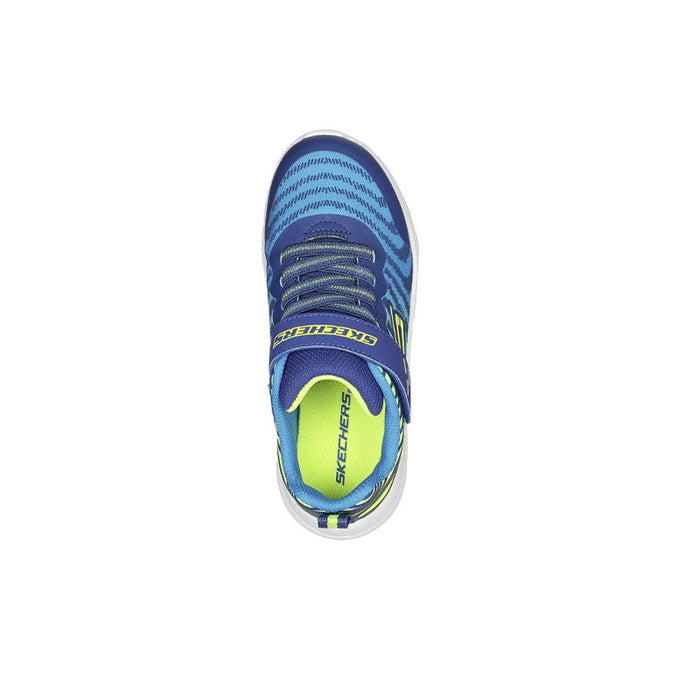 Boys sneaker heel view, blue mesh with neon green logo, hook strap, white outsole