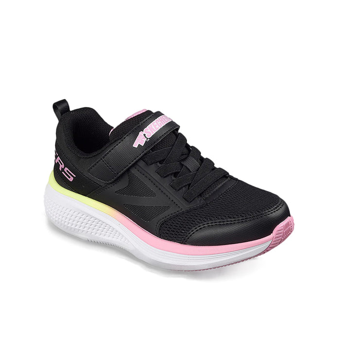 Girls black sneakers with pink accents, hook-and-loop strap, cushioned white sole
