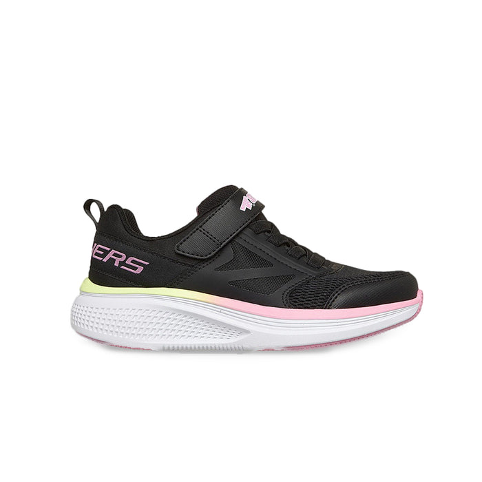 Girls black sneakers with neon green and pink trim, hook-and-loop strap, white sole