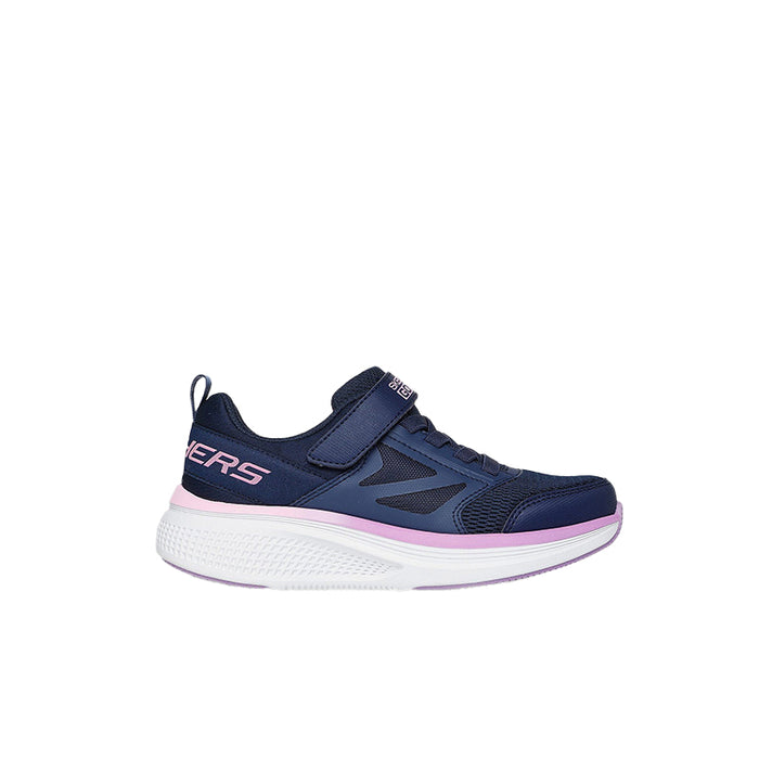 Girls navy sneakers with pink and white trim, hook-and-loop strap, cushioned sole