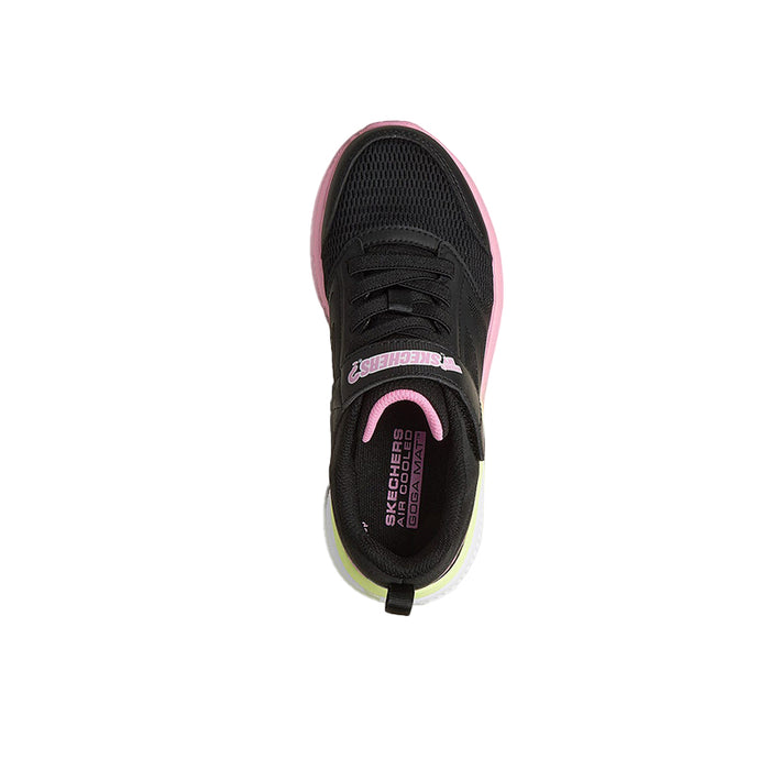 Girls black sneaker with pink-trim collar, padded tongue, textured sole