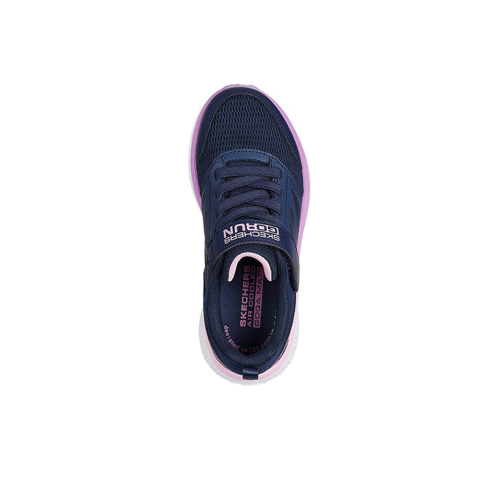 Girls navy sneaker with pink-trim collar, padded tongue, textured sole