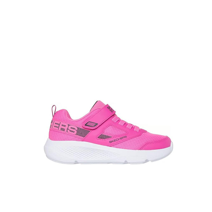 Skechers girls pink sneakers with lace-up strap, side logo, and white outsole