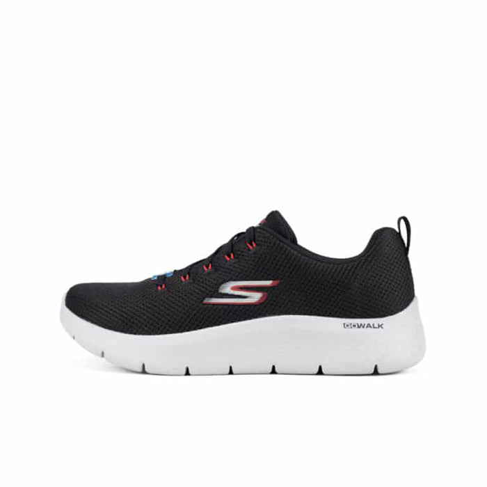 Men's Skechers Go Walk Flex sneaker, black mesh upper, side view, white sole, red lace accents