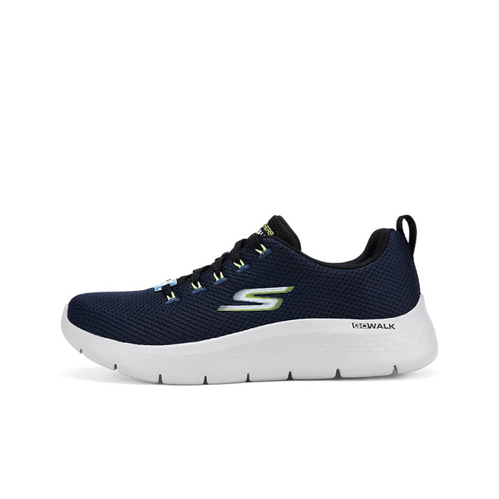 Men's Skechers Go Walk Flex sneaker, navy mesh upper, side view, white sole, lime lace accents