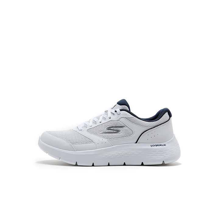 White men's casual sneaker with navy accents, lace-up mesh upper, thick sole
