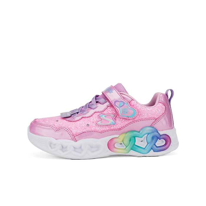 Girl's pink sneakers with heart emblem, rainbow heart detail, lace-up, chunky white sole